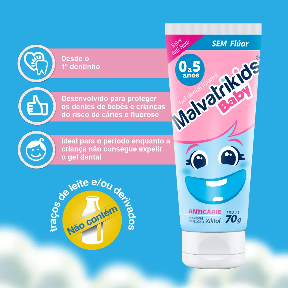 Gel Dental Infantil Malvatrikids Baby Anticáries Sem Flúor Xilitol Sabor Tutti Frutti 70g