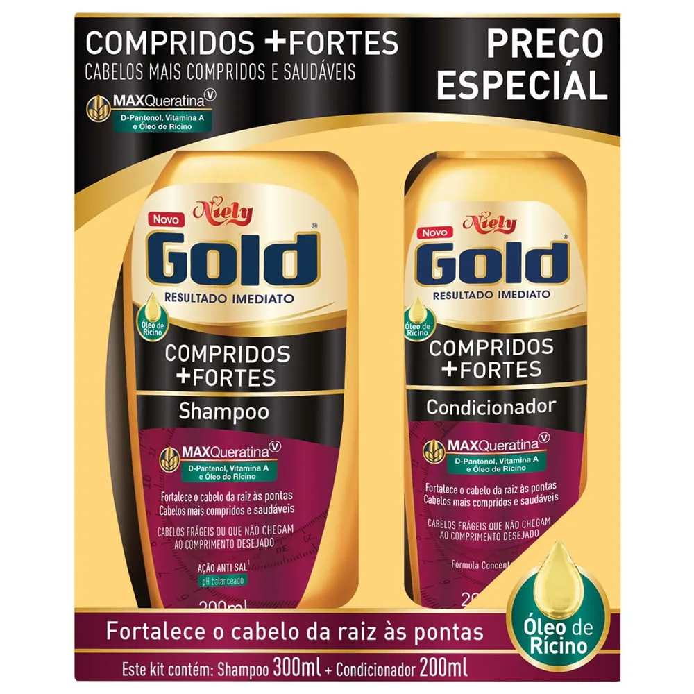 Kit Shampoo Niely Gold Compridos e Fortes 275ml 1 Uni + Condicionador Niely Gold Compridos e Fortes 175ml 1 Uni