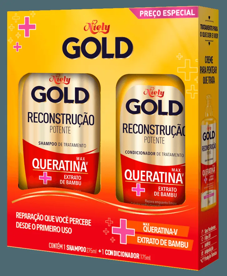 Kit Shampoo Niely Gold Reconstrução Potente 275ml 1 Unidade + Condicionador Niely Gold Reconstrução Potente 175ml 1 Unidade