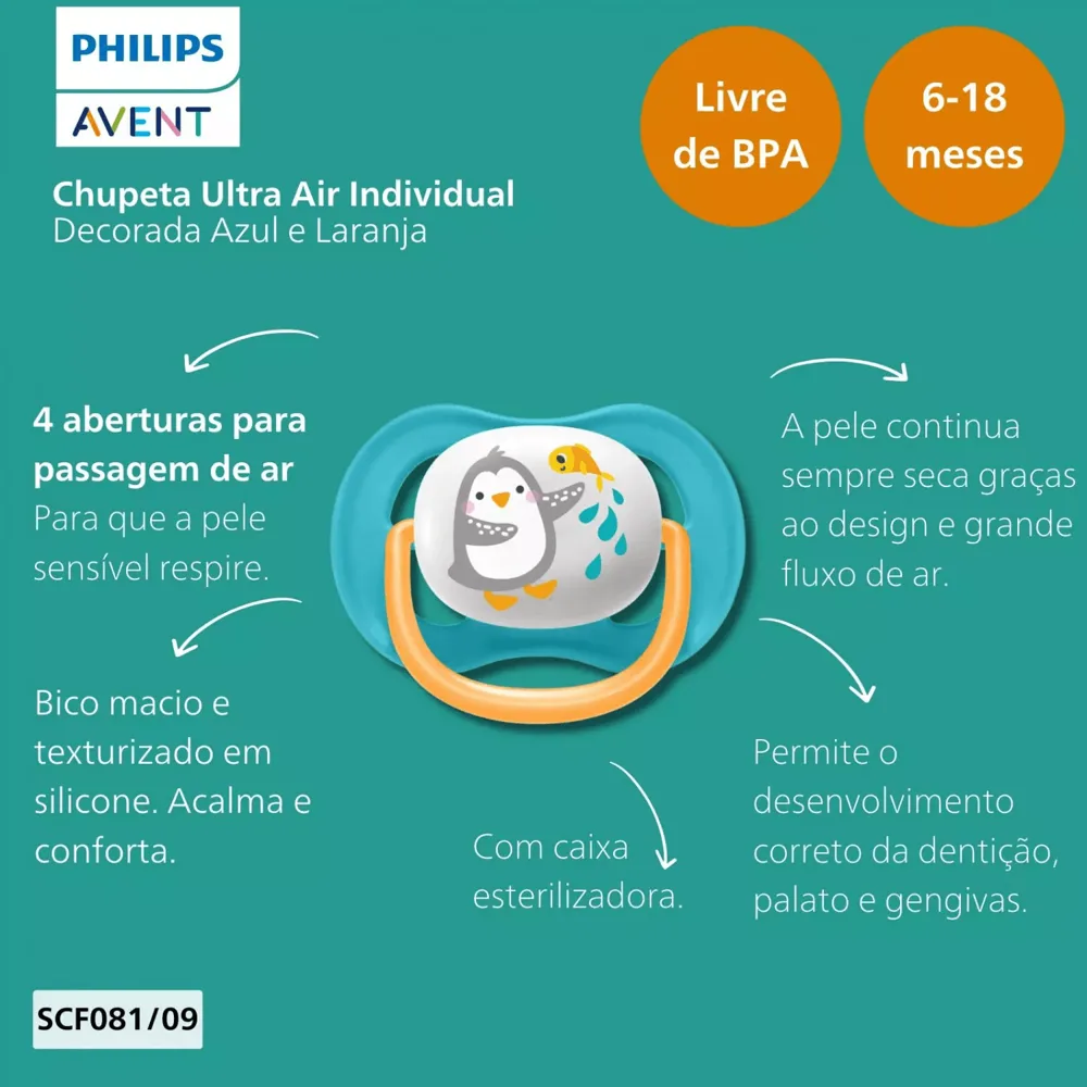 Chupeta Philips Avent Ultra Air de 0 a 6 meses Silicone Azul 1 Unidade