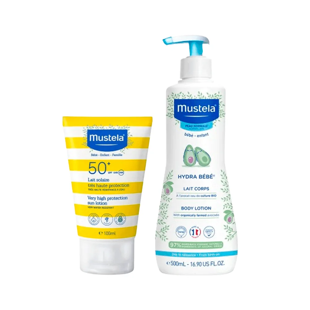 Kit Mustela Protetor Solar FPS50+ Infantil e Adulto 100ml + Hydra Bebê hidratante infantil com Abacate Orgânico 500ml