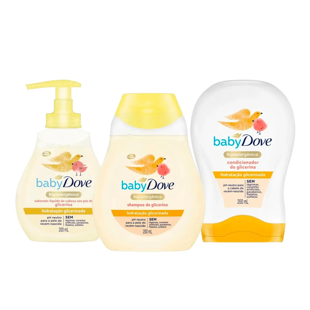 Kit Infantil Dove Hidratação Glicerinada Sabonete Líquido 200ml + Shampoo 200ml + Condicionador 200ml