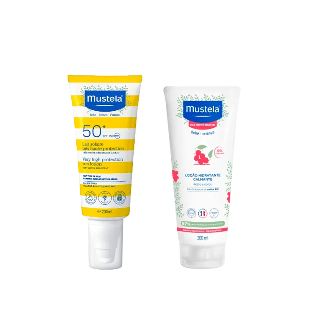 Kit Mustela Protetor Solar FPS 50+ Infantil e Adulto 200ml + Hidratante Calmante Para Pele Muito Sensível 200ml