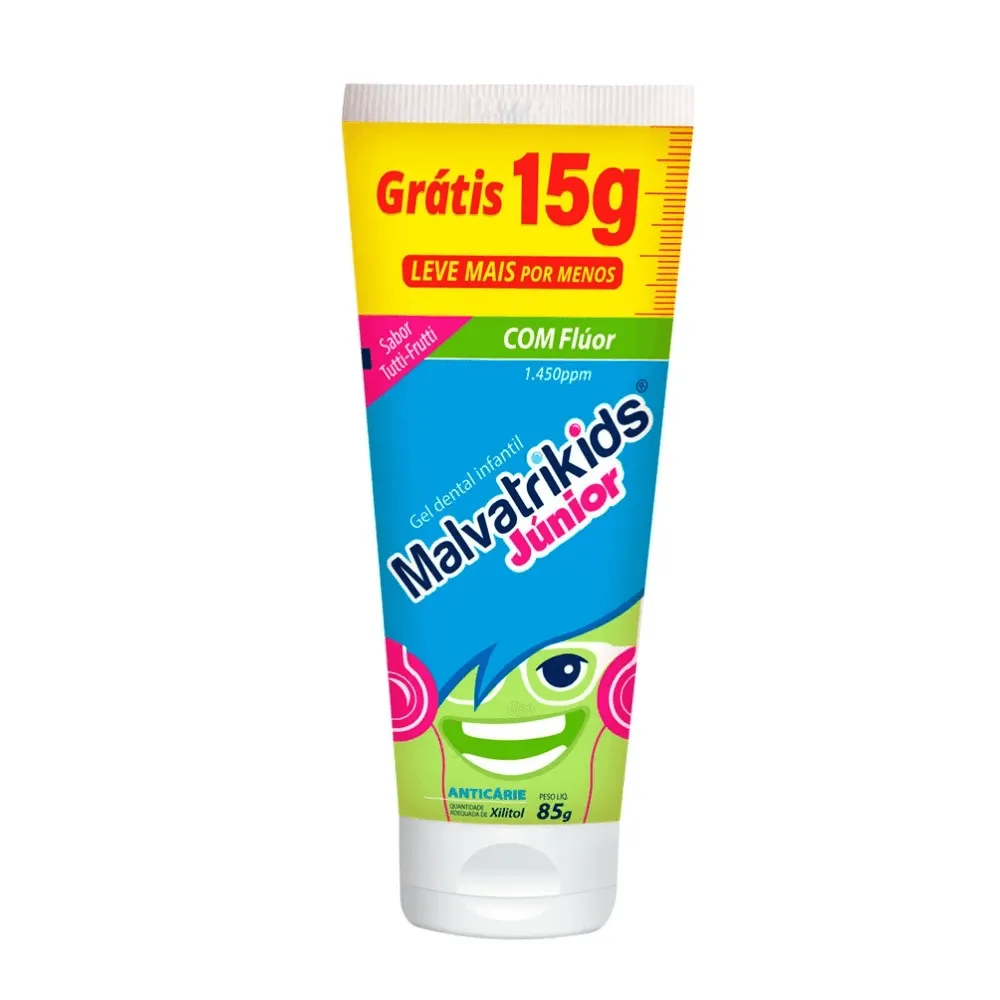 Gel Dental Infantil Malvatrikids Júnior Anticáries Flúor Xilitol Sabor Tutti Frutti 85g