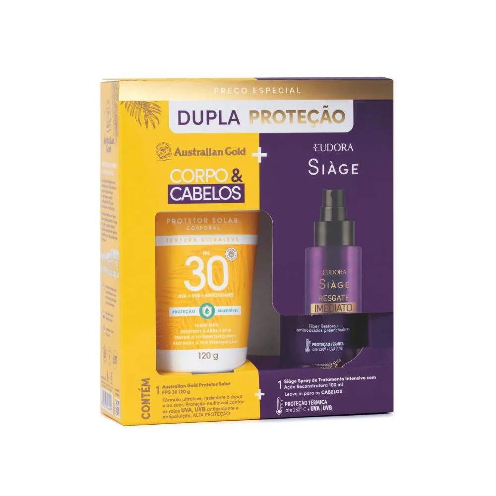 Kit Dupla Proteção Protetor Solar Australian Gold Toque Seco FPS30 120g 1 Unidade + Leave-In Eudora Siàge Resgate Imediato 100ml 1 Unidade