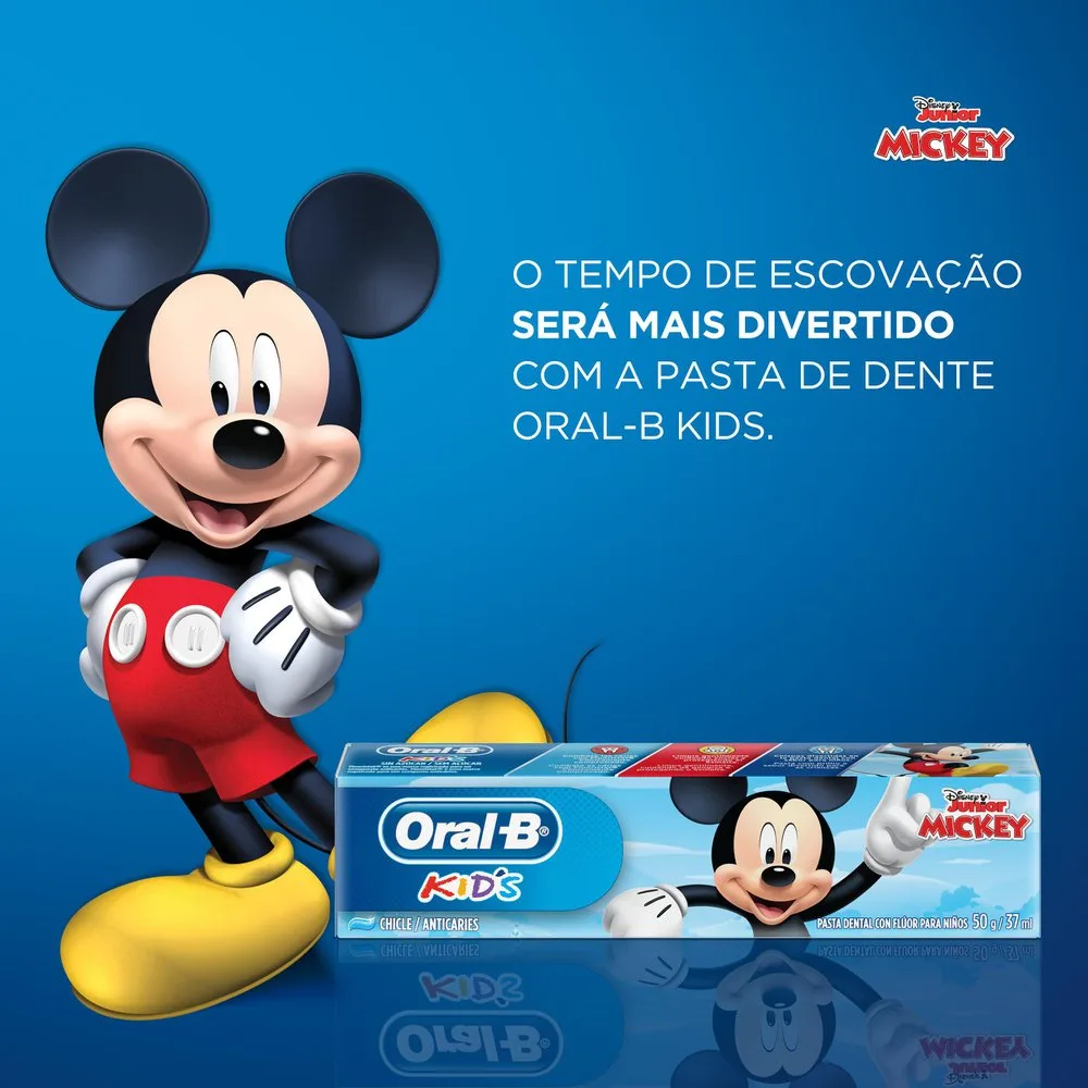 Creme Dental Infantil Oral-B Kids Mickey Anticáries com Flúor Zero Açúcar Sabor Bubble Gum 50g
