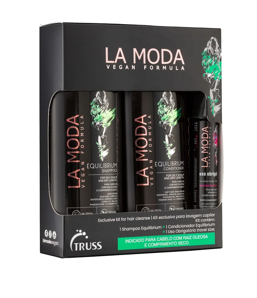 Kit Lavagem Capilar La Moda Vegan Shampoo 300ml 1 Uni + Condicionador 300ml 1uni + Reconstrutor 30ml 1 Uni