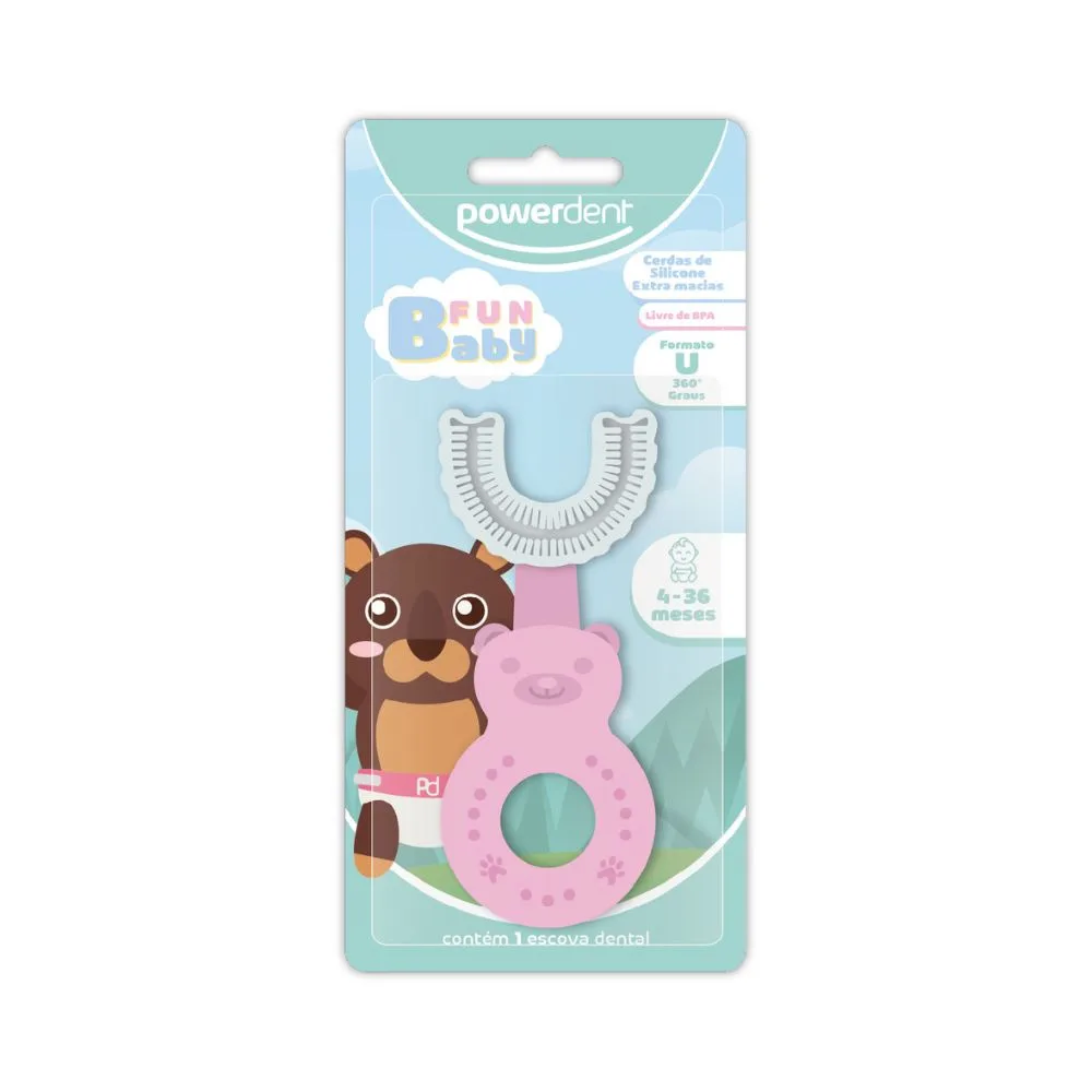 Escova Dental Infantil Powerdent Fun Baby 360° Primeiros Dentinhos Cerdas de Silicone Extra Macias 1 Unidade