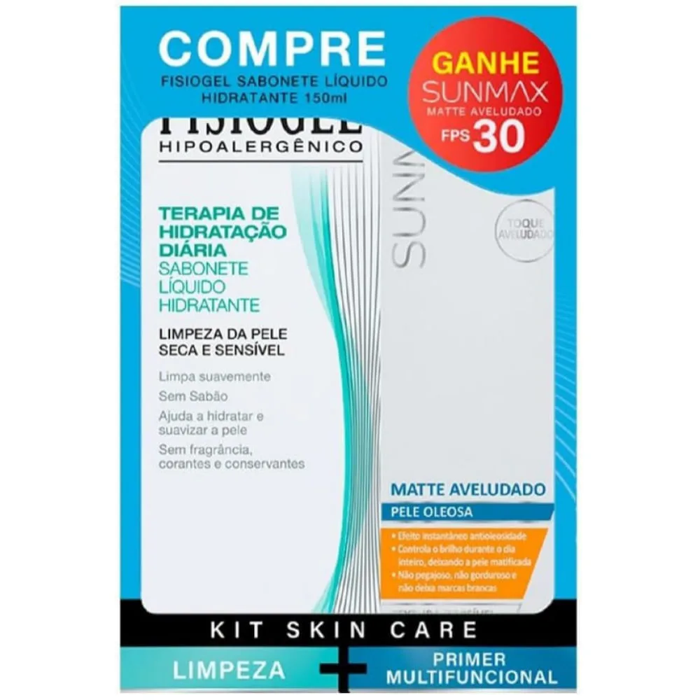 Kit Sabonete Líquido Fisiogel Terapia de Hidratação Diária 150ml 1 Uni + Protetor Solar Facial Sunmax Matte Aveludado FPS 30 50ml 1 Uni