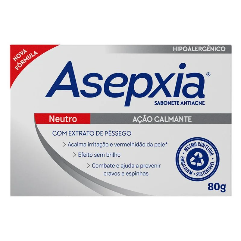 Asepxia Sabonete Barra Neutro Ação Calmate, Extrato De Pêssego E Ácido Salicílico 2 %, Pele Sensível Ou Reativa, 80g