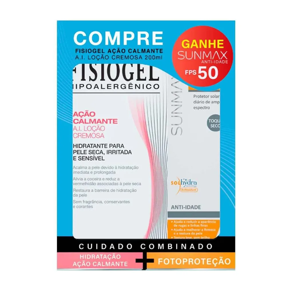 Kit Loção Hidratante Fisiogel Ação Calmante A.I. 200ml 1 Unidade + Protetor Solar Facial Sunmax Anti-Idade FPS 50 60ml 1 Unidade