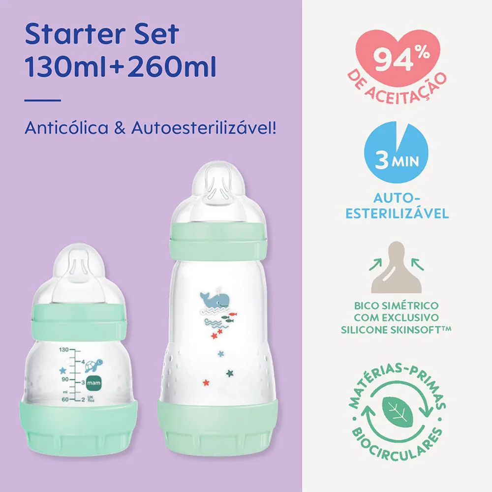 Kit Mamadeiras MAM Easy Start Azul 130ml e 260ml 2 Unidades