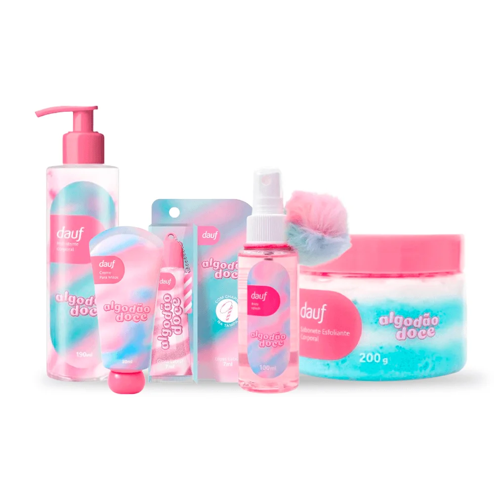 Kit Dauf Algodão Doce Sabonete Corporal 200g + Hidratante Para Mãos 50ml + Gloss Labial 7ml Rosa + Hidratante Corporal 190ml + Body Splash 100ml