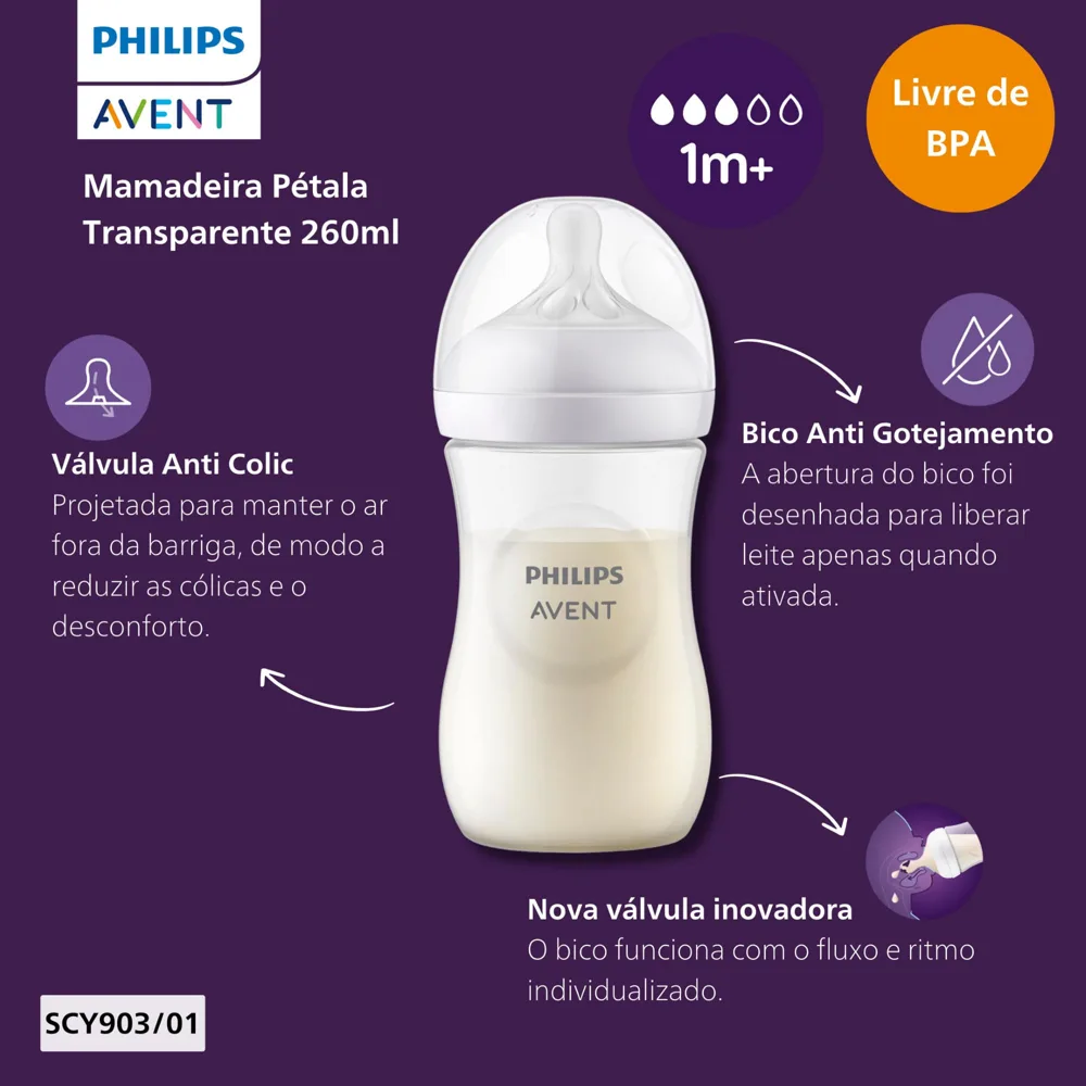 Mamadeira Philips Avent Pétala +1 mês Anticólica Fluxo Médio 260ml 1 Unidade
