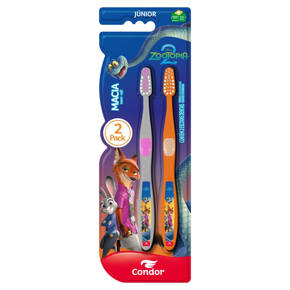 Escova Dental Infantil Condor Zootopia Macia 2 Júnior Cabeça 2 Unidades