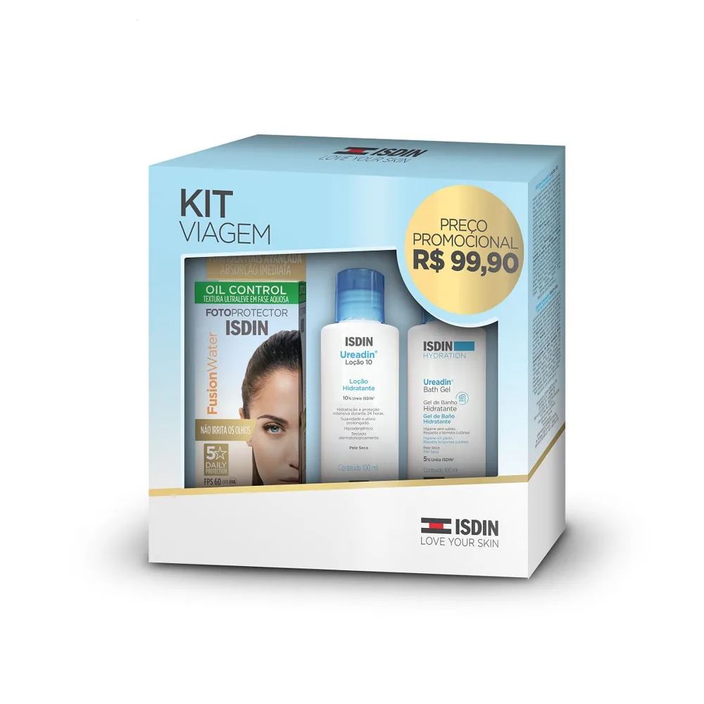 Kit ISDIN Protetor Solar Facial Fusion Water FPS60 30ml 1 Uni + Loção Hidratante Ureadin 10 100ml 1 Uni + Gel de Banho Ureadin 100ml
