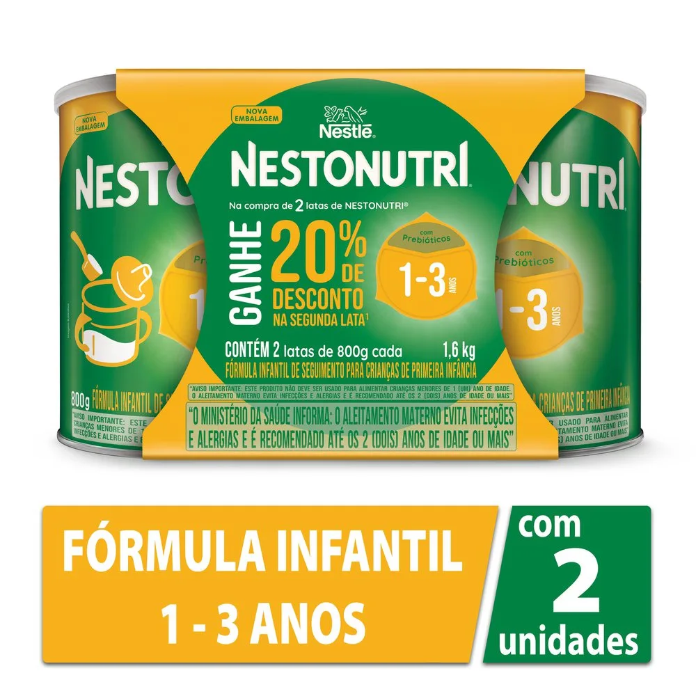 Kit Fórmula Infantil Nestonutri de 1 a 3 Anos 800g 2 Unidades Ganhe 20% de Desconto na Segunda Lata