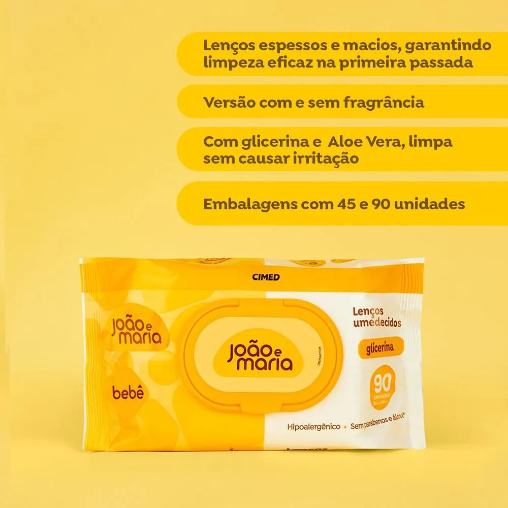 Lenços Umedecidos João e Maria Bebê Glicerina Hipoalergênico Sem Fragrância 90 Unidades
