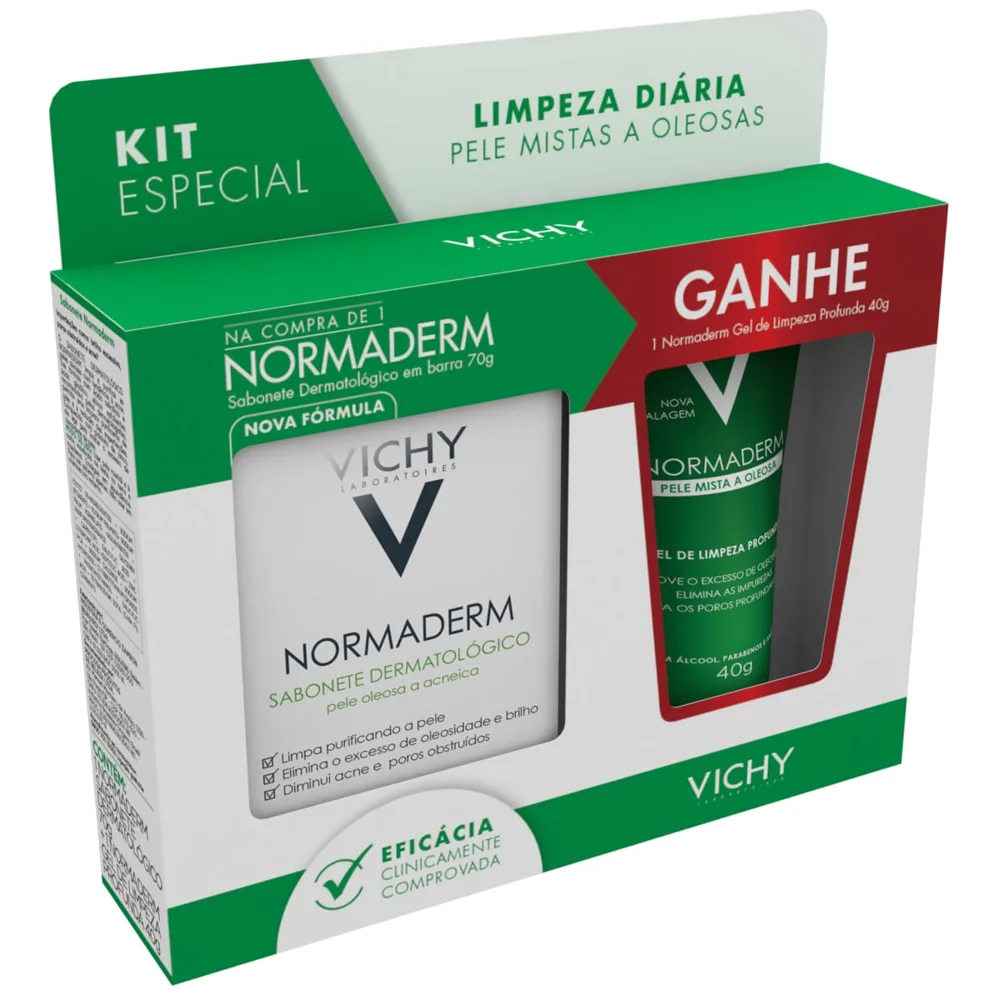 Kit Sabonete Dermatológico em Barra Vichy Normaderm 70g 1 Uni + Gel de Limpeza Profunda Vichy Normaderm 40g 1 Uni