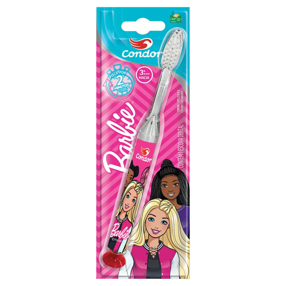 Escova Dental Infantil Condor Barbie Luz de LED Cerdas Macias +3 anos 1 Unidade