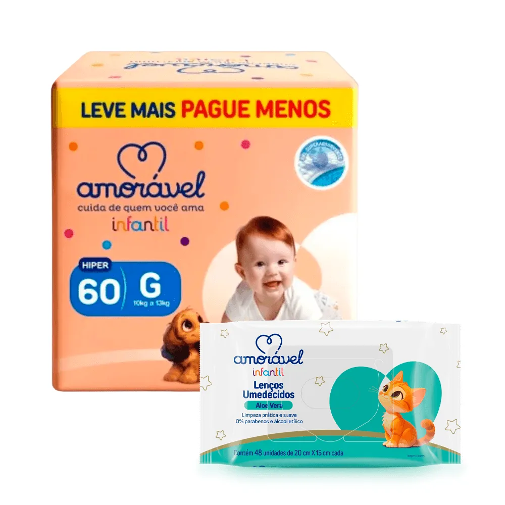 Kit Amorável Fralda Amorável Basic G 60 Uni + Lenço Umedecido Amorável Baby Aloe Vera 48 Uni