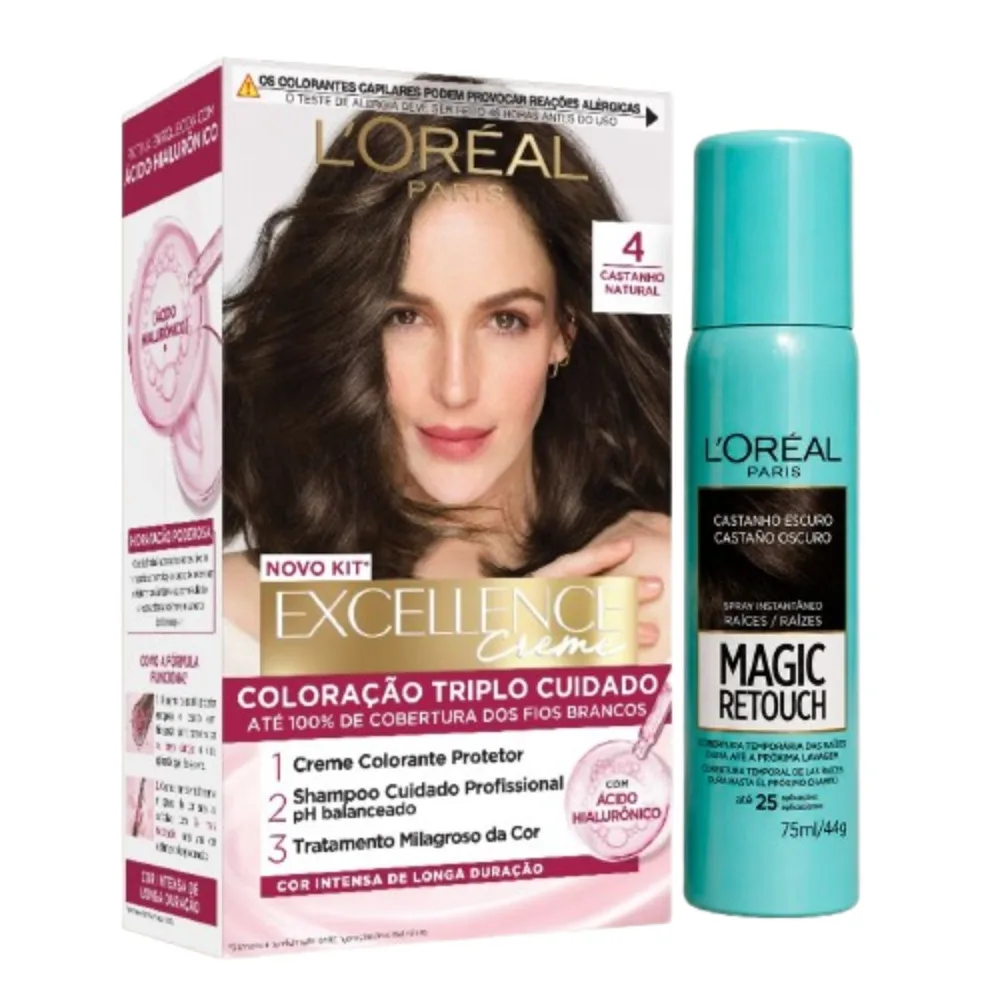 Kit L'Oréal Tintura Imédia excellence Castanho natural 4 + Tintura Magic Retouch Castanho Escuro Spray 75ml