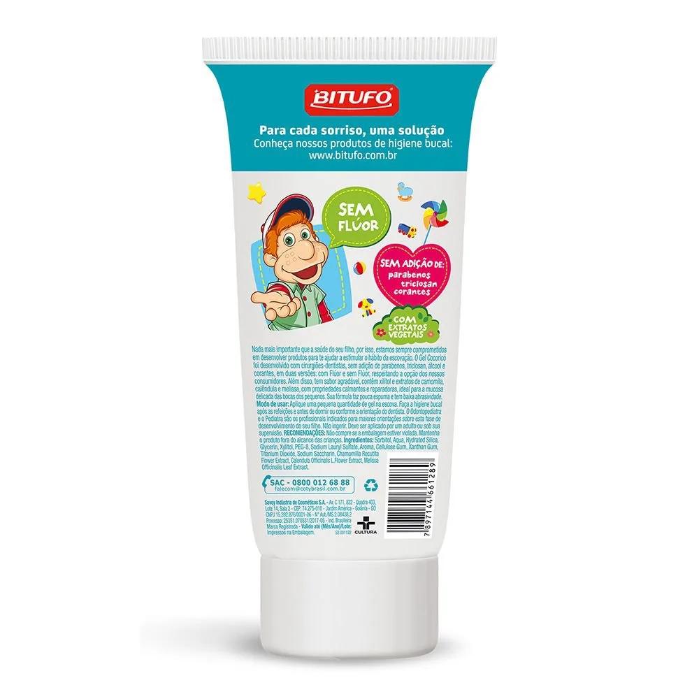 Gel Dental Infantil Bitufo Cocoricó Sem Flúor Sem Corantes Sabor Tutti Frutti 90g