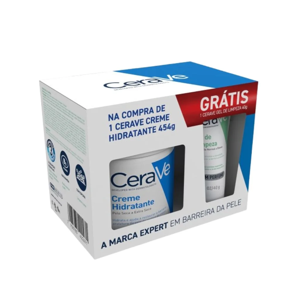 Kit Creme Hidratante CeraVe 454g 1 Unidade + Gel de Limpeza Facial CeraVe Sem Perfume 40g 1 Unidade