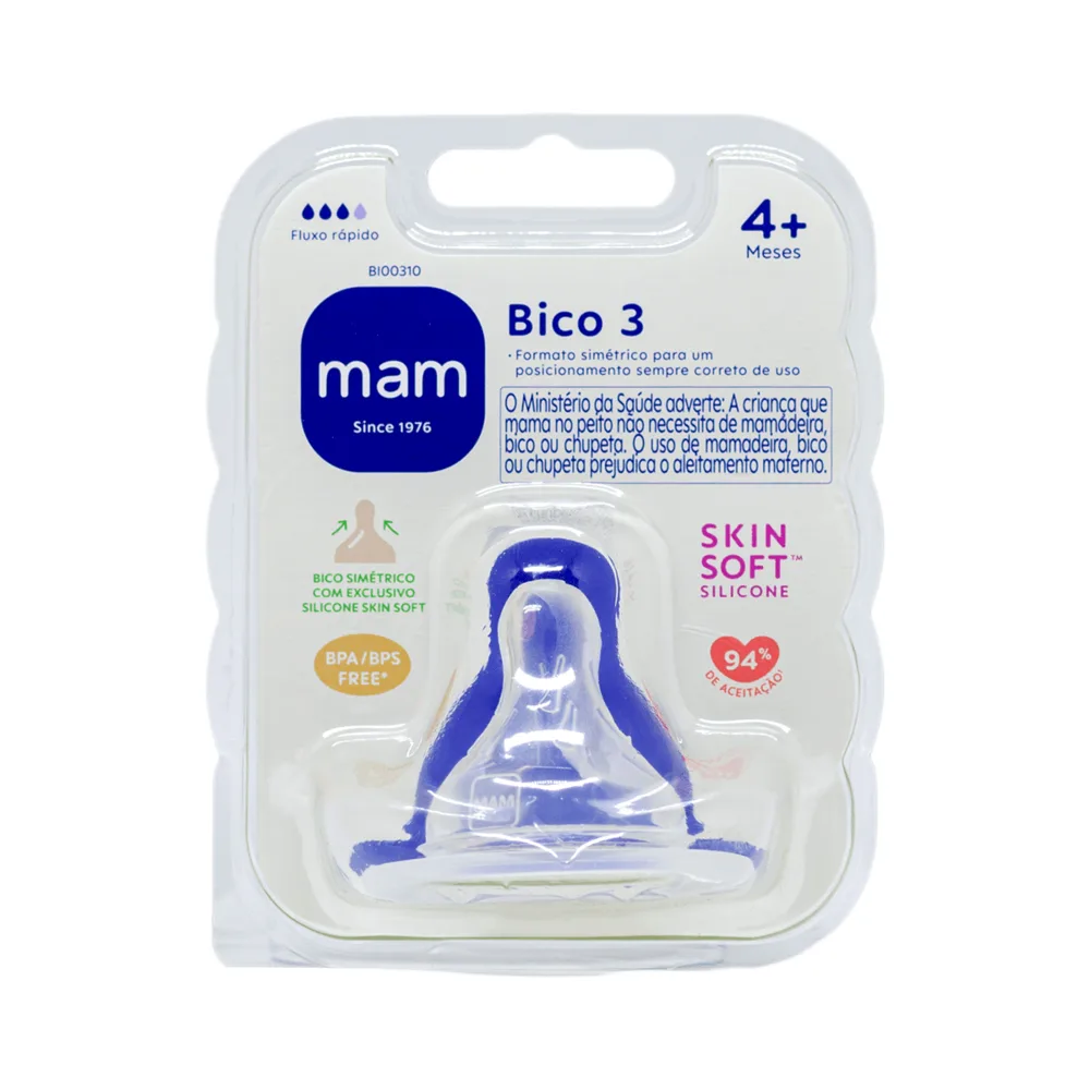 Bico para Mamadeira MAM Ortodôntico Fluxo Rápido Anticólica +4 meses Silicone 1 Unidade