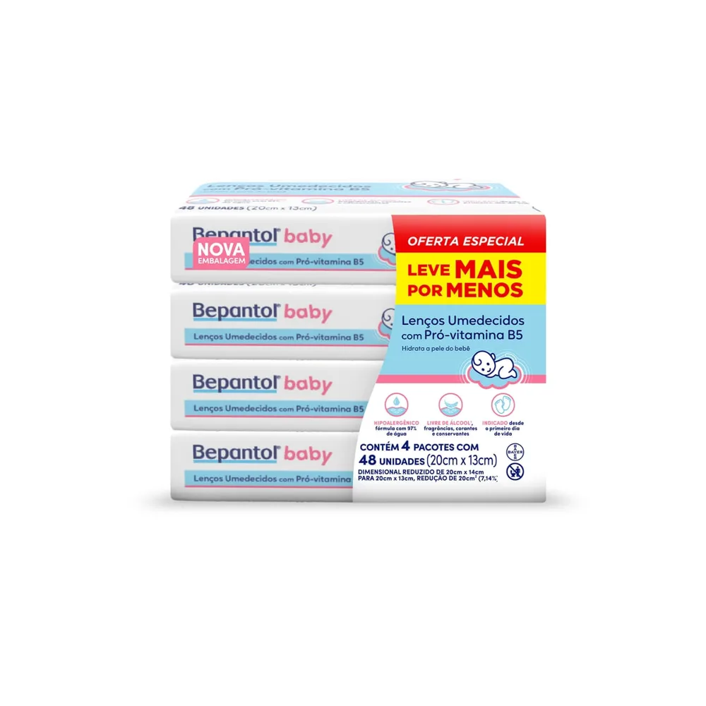 Lenços Umedecidos Bepantol Baby Sem Fragrância Hipoalergênico com Pró-Vitamina B5 48 Unidades 4 pacotes Leve 4 Pague 3