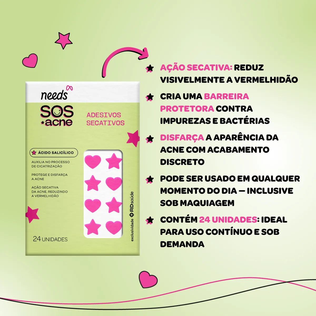 Adesivo Secativo para Acne Needs SOS Acne Ácido Salicílico 24 Unidades