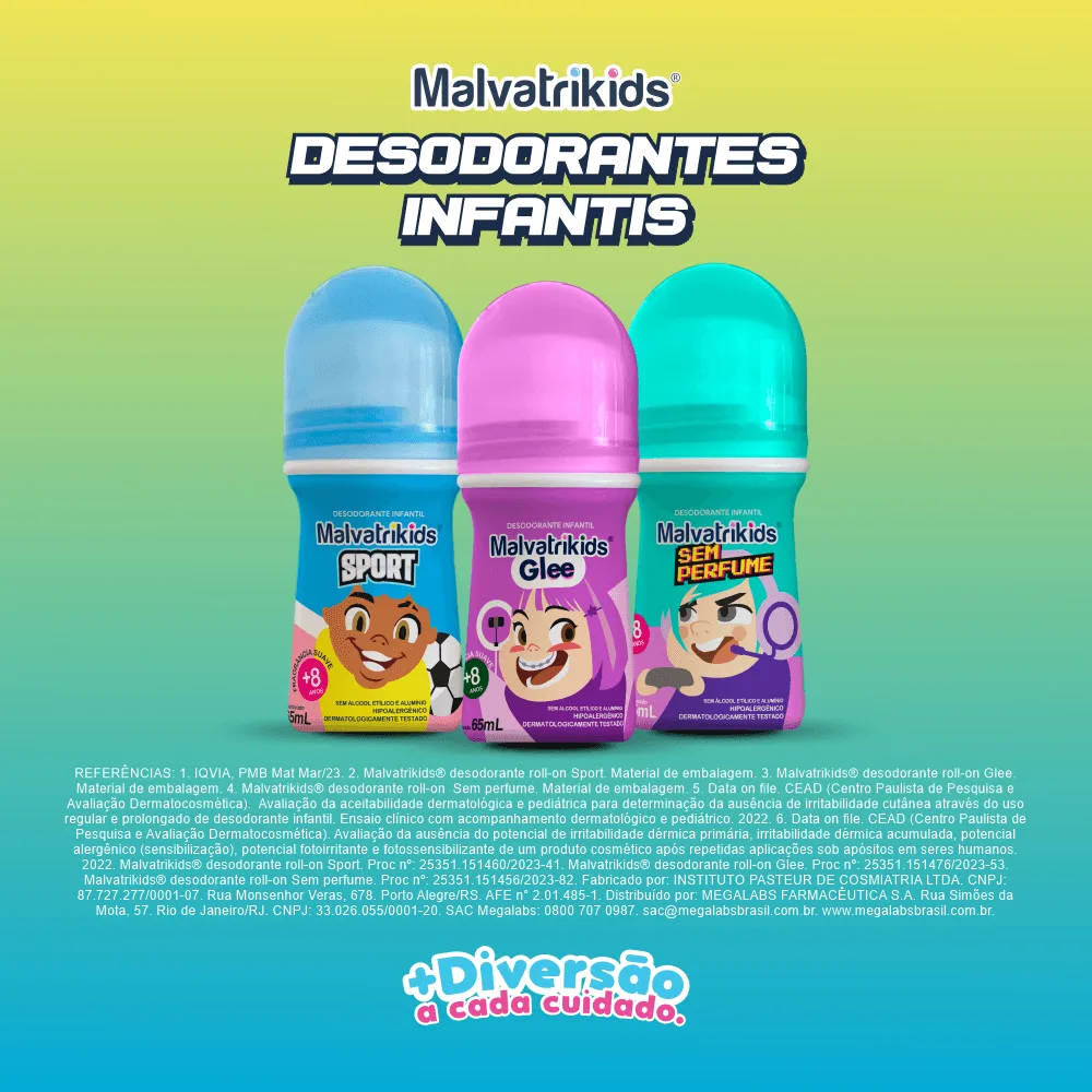 Desodorante Infantil Malvatrikids Sport +8 anos Fragrância Suave Roll On 65ml