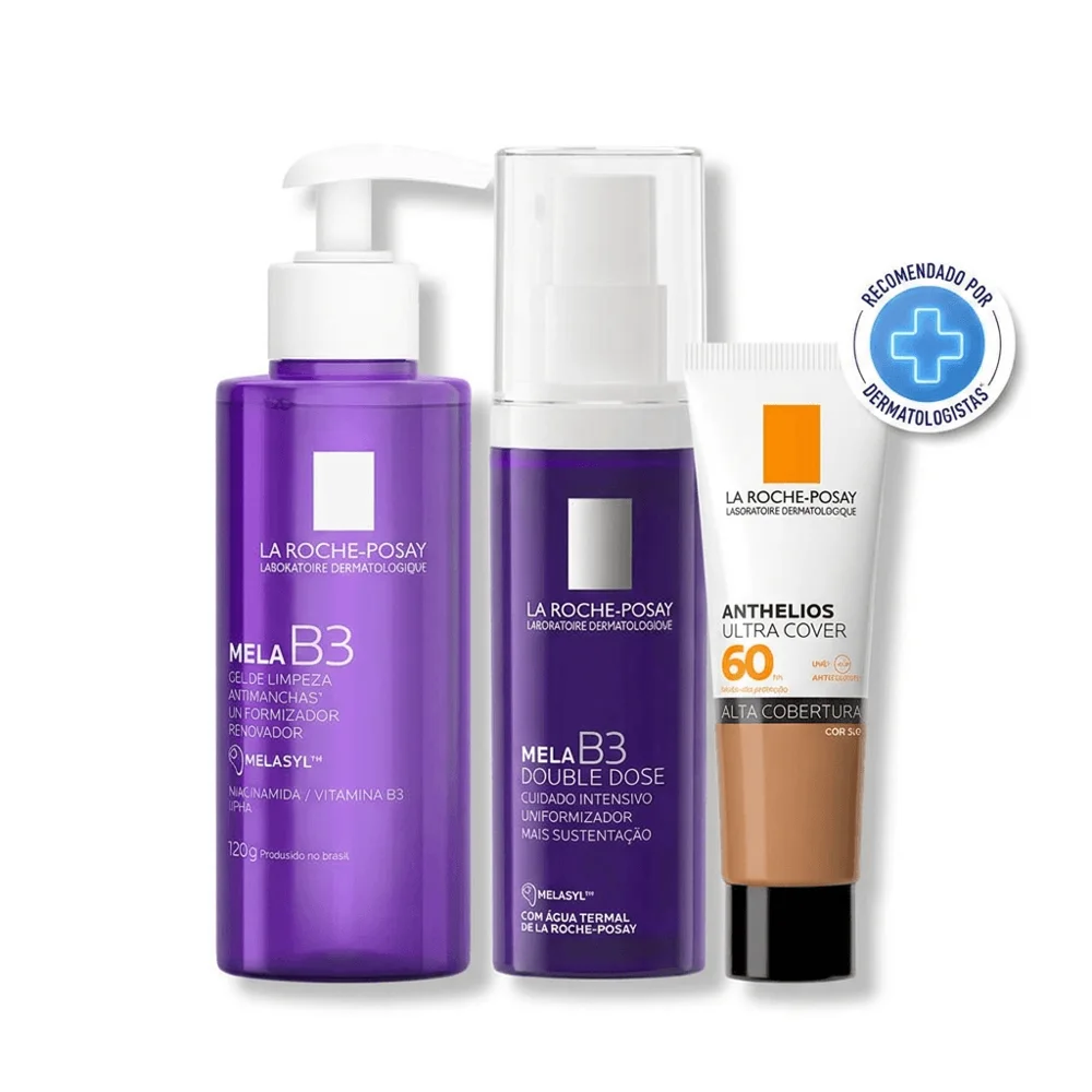Kit La Roche-Posay Mela B3 Gel de Limpeza 120g + Hidratante Double Dose 40ml + Protetor Solar Anthelios Ultra Cover Cor 3.0 30g
