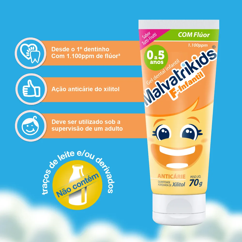 Gel Dental Infantil Malvatrikids F-Infantil Anticáries Flúor Xilitol Sabor Tutti Frutti 70g