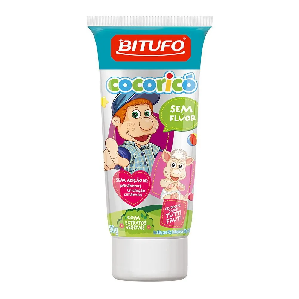 Gel Dental Infantil Bitufo Cocoricó Sem Flúor Sem Corantes Sabor Tutti Frutti 90g