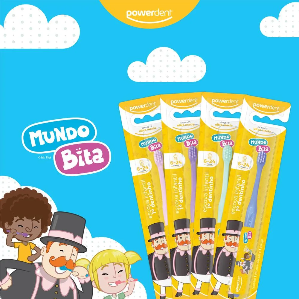 Escova Dental Infantil Powerdent Mundo Bita Primeiro Dentinho Ultra Macia 6 a 24 meses 1 Unidade