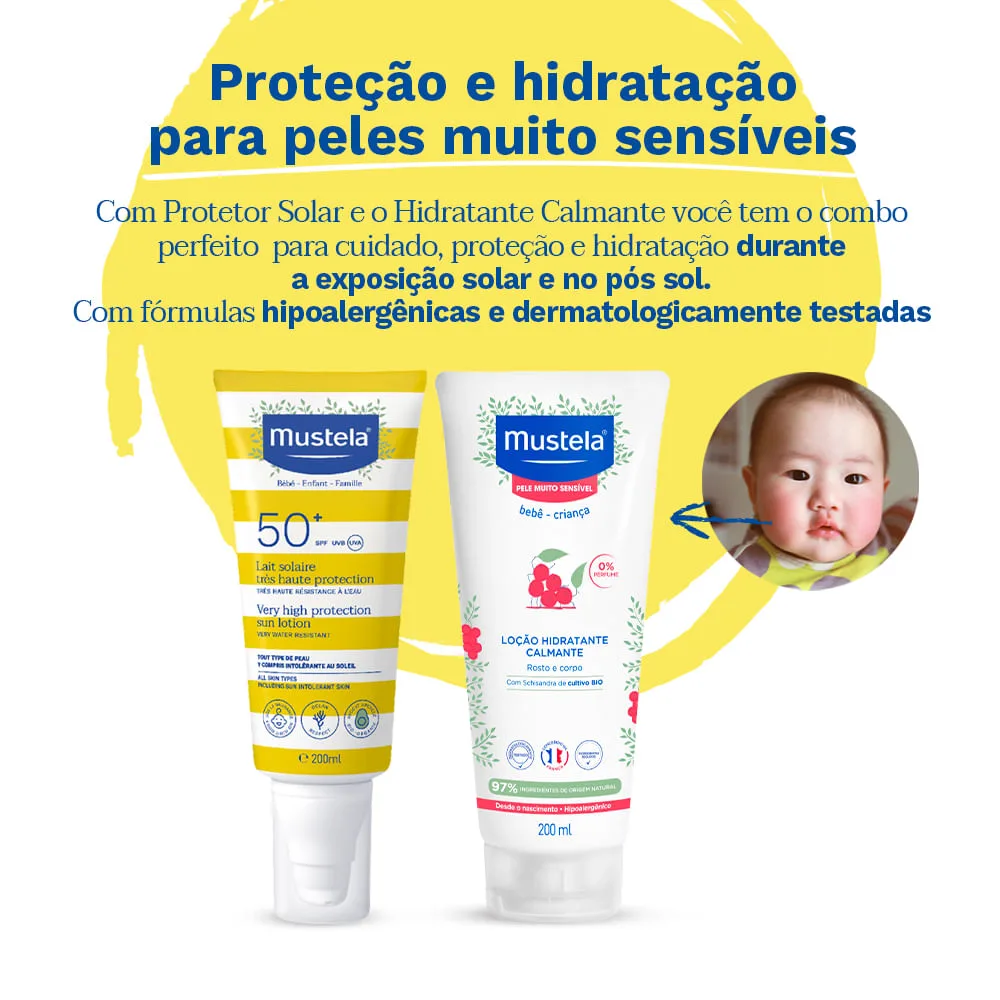 Kit Mustela Protetor Solar FPS 50+ Infantil e Adulto 200ml + Hidratante Calmante Para Pele Muito Sensível 200ml