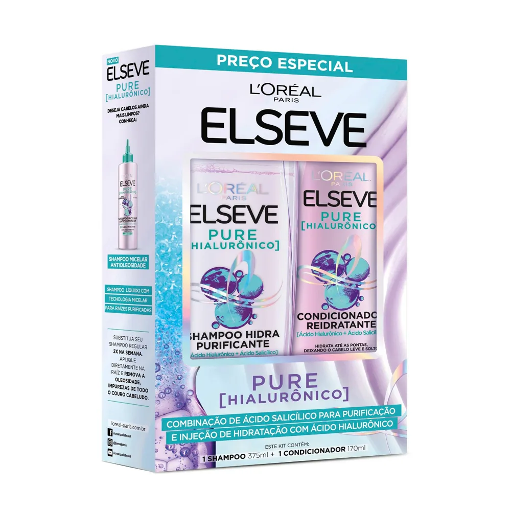 Kit Shampoo Elseve Pure Hialurônico 375ml 1 Unidade + Condicionador Elseve Pure Hialurônico 170ml 1 Unidade