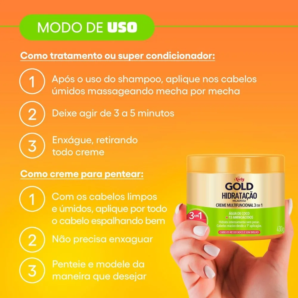 Creme de Tratamento Capilar Niely Gold Hidratação Milagrosa Água de Coco + Babosa 430g