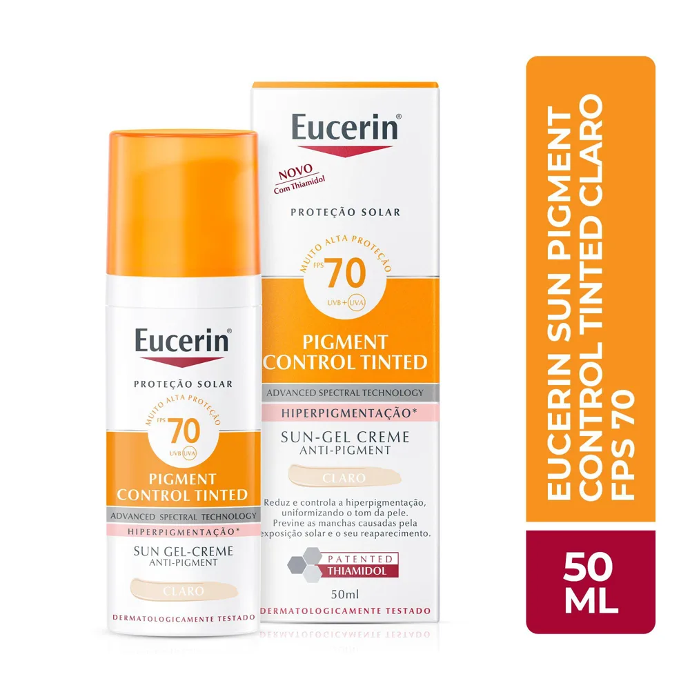 Protetor Solar Facial Eucerin Sun Pigment Control Tinted FPS70 Gel Creme Tom Claro 50ml