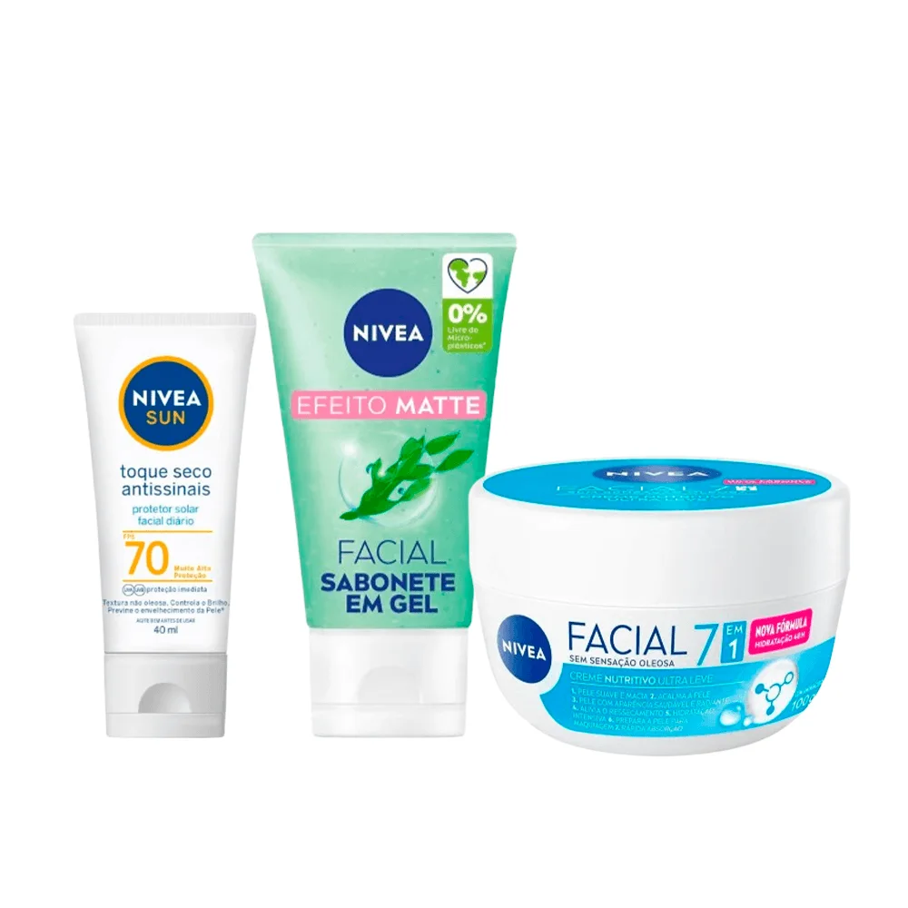 Kit Nivea Gel de Limpeza Facial Visage Pele Oleosa 150ml + Protetor Solar Facial Sun Toque Seco Antissinais FPS70 40ml + Creme Facial Nutritivo 100g