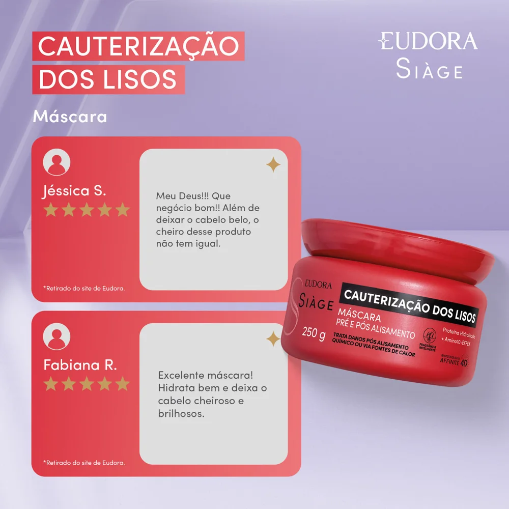 Máscara Capilar Eudora Siàge Cauterização dos Lisos Pré e Pós-Alisamento 250g
